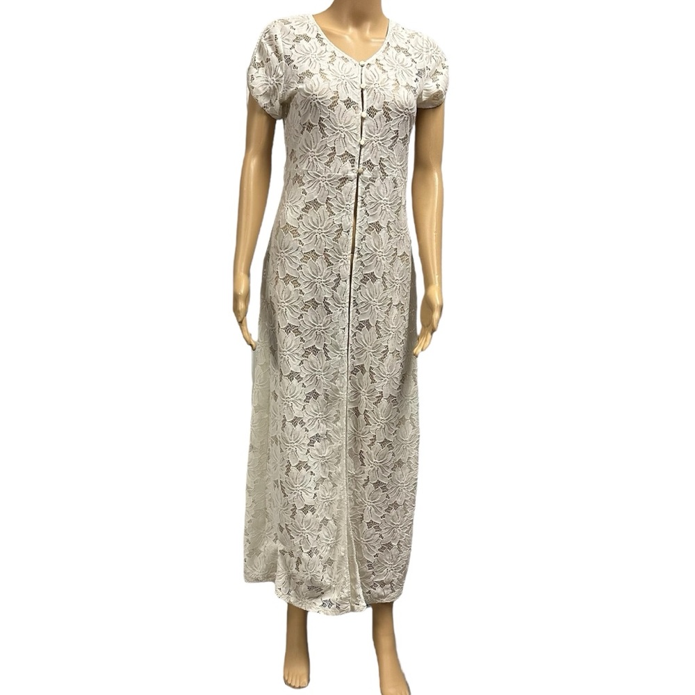 Mocha Lace Off White Short Sleeve Button Up Open Bottom Duster Coverup Dress M